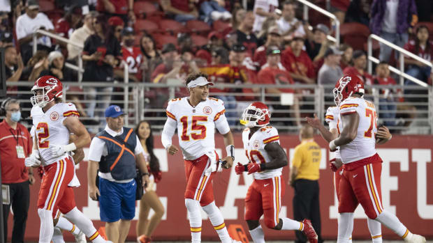 August 14, 2021; Santa Clara, California, USA; Kansas City Chiefs quarterback Patrick Mahomes (15) celebrates a touchdown against the San Francisco 49ers during the fourth quarter at Levi's Stadium. Mandatory Credit: Kyle Terada-USA TODAY Sports